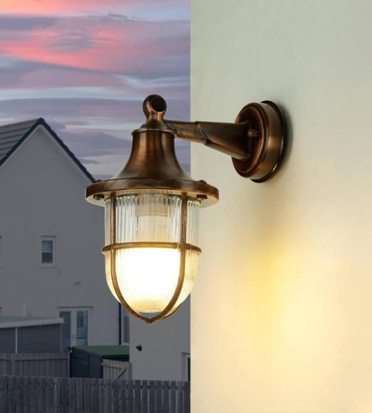 Buitenwandlamp messing glas in antiek koper IP64 tuin balkon T: 22 cm E27 riffel nostalgie maritieme wandlantaarn Outdoor SANTORIN