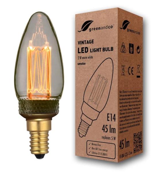 Vintage Design LED lamp voor sfeerverlichting E14 C35 Edison lamp 2W 45lm 2000K rook extra warm wit 320° 230V flikkervrij, niet dimbaar
