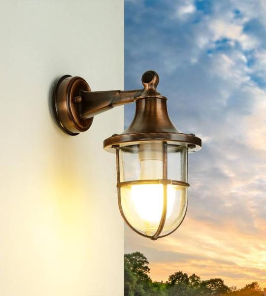Buitenlamp muur in koper antiek glas messing massief E27 IP64 Maritiem Santorin wandlamp buiten huis tuin