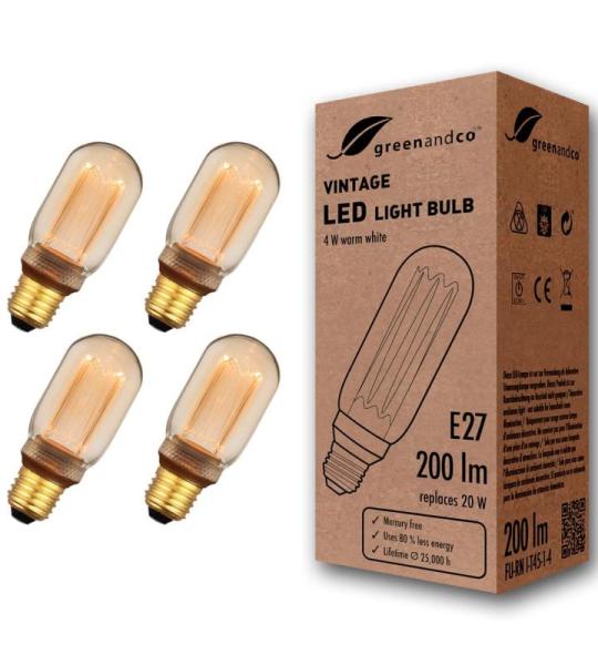4x  Vintage Design LED lamp in retro stijl voor sfeerverlichting E27 T45 Edison lamp, 4W 200lm 1800K extra warm wit 320° 230V flikkervrij, niet dimbaar