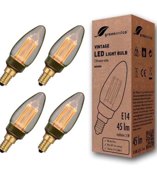 4x  Vintage Design LED lamp voor sfeerverlichting E14 C35 Edison lamp 2W 45lm 2000K rook extra warm wit 320° 230V flikkervrij, niet dimbaar