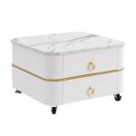 Nestbare salontafel: hoogglans marmeren buitenkant en glazen tafelblad, gouden decoratie, bijzettafel met lade. Set van twee