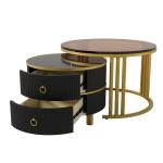 Ronde salontafel, set van 2 met gouden metalen frame en bruine glazen plaat, moderne bijzettafel, woonkamertafel, banktafel met 2 laden, 70 x 70 x 45 cm + 50 x 50 x 40 cm (zwart)