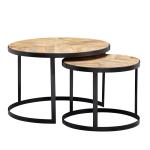 salontafel set van 2 massief houten/metalen salontafel industrieel rond | Bijzettafel met metalen poten zwart | 2-delige placemat bijzettafel van hout