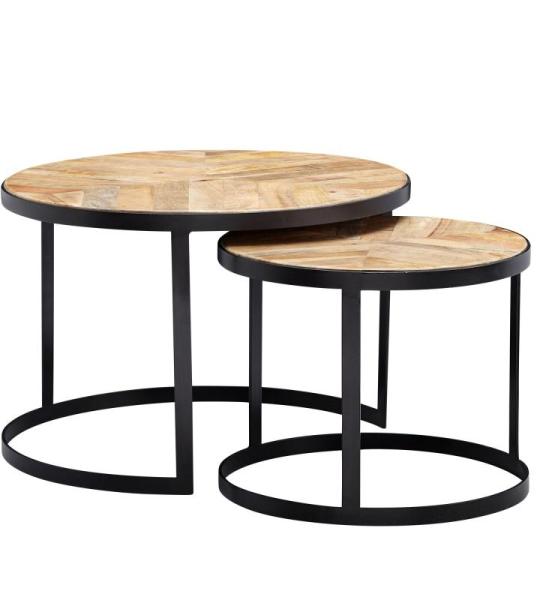 salontafel set van 2 massief houten/metalen salontafel industrieel rond | Bijzettafel met metalen poten zwart | 2-delige placemat bijzettafel van hout