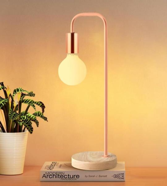 Industriële tafellamp voor slaapkamer, volledig dimbare moderne bedlampjes met 2700 K warme gloeilamp voor kinderen, lezen, minimalistische bedlampjes voor kantoor (roségoud)