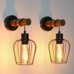 2 retro wandlampen hout binnen wandlamp 1 lichtpunt vintage lamp in industrieel design met schakelaar van metaal en hout - in roosterlook - zwart - fitting: E27 - zonder lamp