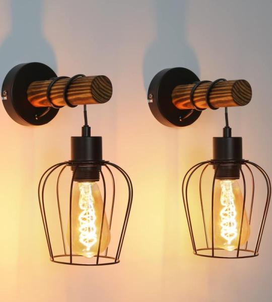 2 retro wandlampen hout binnen wandlamp 1 lichtpunt vintage lamp in industrieel design met schakelaar van metaal en hout - in roosterlook - zwart - fitting: E27 - zonder lamp