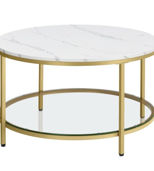 Salontafel, woonkamertafel, banktafel, voor woonkamer, met glasplaat, veel opbergruimte, eenvoudige montage, moderne stijl, marmerwit-lichtgoud LCT071W59