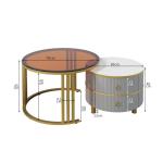 Ronde salontafel, set van 2 met goudkleurig metalen frame en bruine glazen plaat, moderne bijzettafel, woonkamertafel, banktafel met 2 laden, 70 x 70 x 45 cm + 50 x 50 x 40 cm (gri