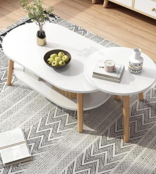 Couchtisch, Satztisch, 2er-Set, großer ovaler Couchtisch und Kleiner runder Beistelltisch mit Ablagefläche, 2-in-1-Sofatisch, Teetisch mit Beinen aus Massivholz, für，Weiß