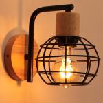 Wandlamp voor binnen, hout, E27 wandlamp, vintage, industrieel, zwart, retro lamp van kooi, metaal, moderne wandlampen voor woonkamer, eetkamer, slaapkamer, hal, keuken