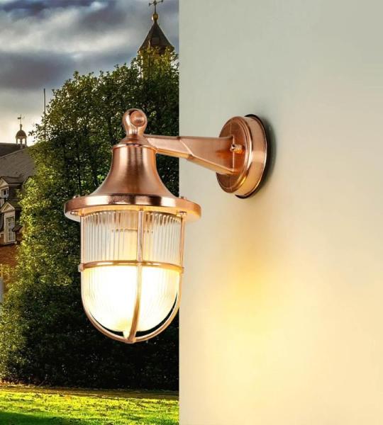 Santorin buitenlamp muur messing glas in koper IP64 huisingang tuin H: 27 cm E27 lantaarn ribbelglas maritieme wandlamp buiten