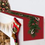 Tafelloper voor Kerstmis, rode linnen met kerstboom klokken, zuurstokken, lange rechthoekige kersttafelkleed voor het diner, tafeldecoratie, 230 x 33 cm