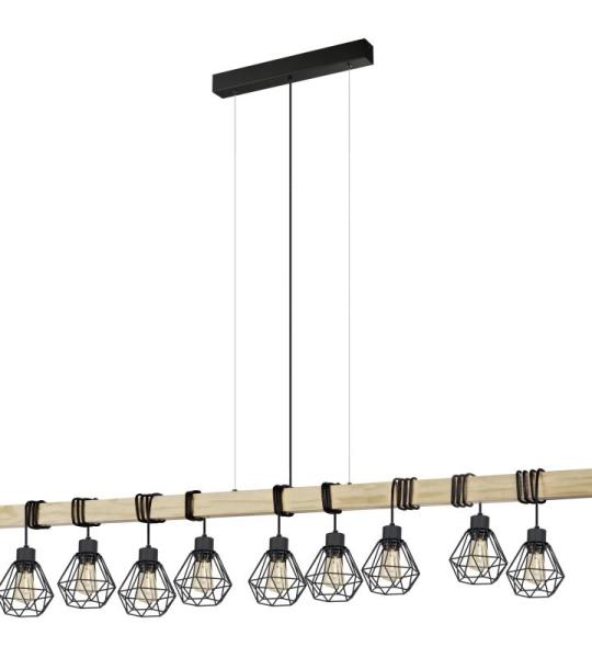 hanglamp Townshend 5, 9-lichts vintage pendellamp in industrieel ontwerp, retro plafondlamp hangend van staal en hout, kleur zwart, bruin, FSC-gecertificeerd, E27