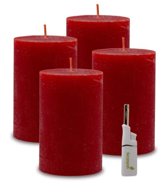 : 4 x rustieke pool-stompkaarsen 120/78 mm. Brandduur ca. 60 uur! incl. Candle Profi staafaansteker - Duitse merkfabrikant - RAL gecertificeerd (rood)