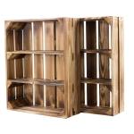 Set van 2 kisten met legplanken, plat met 3 vakken, geflambeerd gekleurd, nieuwe houten kist als wandrek, keukenrek, badkamerrek, kruidenrek, krattenrek, fruitkistrek, rustieke fru