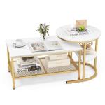 Set van 2 salontafels, bijzettafel, marmerlook met metalen frame en plank, koffietafel, woonkamertafel, banktafel voor woonkamer, slaapkamer (wit + goud)