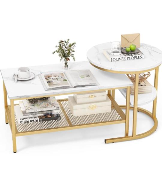 Set van 2 salontafels, bijzettafel, marmerlook met metalen frame en plank, koffietafel, woonkamertafel, banktafel voor woonkamer, slaapkamer (wit + goud)