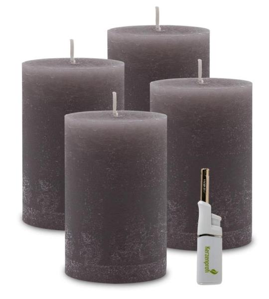 : 4 x Rustieke pool-stompkaarsen 120/78 mm. Brandduur ca. 60 uur! incl. Candle Profi staafaansteker - Duitse merkfabrikant - RAL gecertificeerd (leisteen)