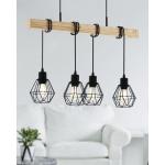 hanglamp Townshend 5, 4-lichts vintage pendellamp in industrieel ontwerp, retro plafondlamp hangend van staal en hout, kleur zwart, bruin, FSC gecertificeerd, E27