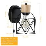 Wandlamp voor binnen, vintage, met stekker en dimbare schakelaar, industriële E27 draaibare retro lamp, wandlamp, hout, metaal, kooi, wandlampen voor woonkamer, slaapkamer, hal