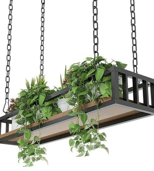 Decken-Blumentopf-Gestell Hängender Blumenständer Schwebende Regale Mit Massivholzplatte Und Eisenrahmen, Hölzernes Hängeregal Für Wohnzimmer Restaurant Bar Blumenladen Balkon