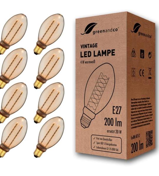 8x  Vintage Design LED lamp in retro stijl voor sfeerverlichting E27 B75 Edison lamp, 4W 200lm 1800K extra warm wit 320° 230V flikkervrij, niet dimbaar