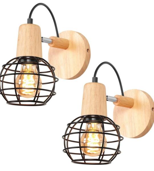 2 Stück Wandleuchte Vintage Industrial Wandlampen 135° Verstellbar Holz E27 Retro Metallkäfig Design Wandleuchte für Wohnzimmer Badezimmer Flur (Schwarz)