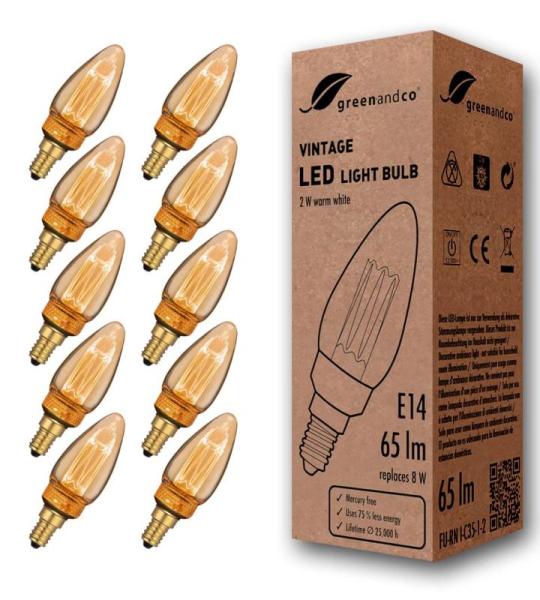 10x  Vintage Design LED lamp in retro stijl voor sfeerverlichting E14 C35 Edison lamp, 2W 65lm 1800K extra warm wit 320° 230V flikkervrij, niet dimbaar