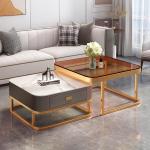 Moderner quadratischer Couchtisch aus Glas, goldfarben, 2er-Set, mit Metallrahmen, stilvolle Aufbewahrung, Couchtische für Wohnzimmer, einfache Montage, für Zuhause, Büro, Schla