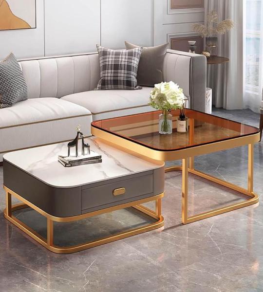 Moderner quadratischer Couchtisch aus goldfarbenem Glas, 2er-Set mit Metallrahmen, Aufbewahrung und einfacher Montage für Wohnzimmer, Büro, Schlafzimmer