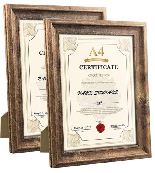Rustieke fotolijst A4 (21 x 29,7 cm), set van 2 wand- en tafelfotolijst, bruin