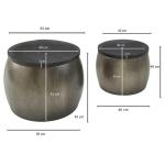 Design Salontafel, 2-delige set, mango, massief hout, rond, zilver, woonkamertafel, aluminium afneembaar deksel, bijzettafel, modern, metaal/hout, 2-delig, met opbergruimte