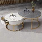 Runde Couchtische, modernes Couchtisch-Set mit 2 Stück und Gold-/schwarzem Stahlrahmen – stilvoller Satz-Couchtisch für Wohnzimmer und kleine Räume – Tischplatte aus MDF-Mar