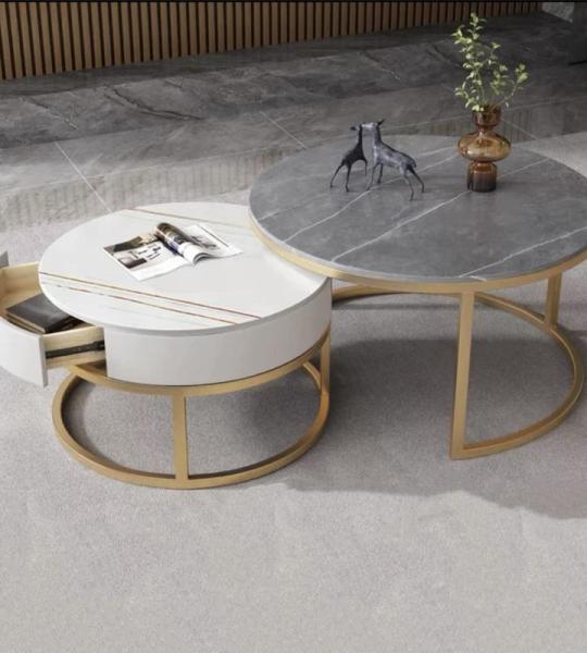 Runde Couchtische, modernes Couchtisch-Set mit 2 Stück und Gold-/schwarzem Stahlrahmen – stilvoller Satz-Couchtisch für Wohnzimmer und kleine Räume – Tischplatte aus MDF-Mar