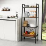 Boekenrek, rek met 4 niveaus, ladderrek van hout, met kantelbeveiligingen en verstelbare voetkussens, metalen frame, voor woonkamer, werkkamer en kantoor (donkerbruin)
