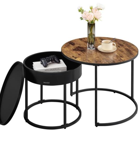 Salontafel rond, set van 2, bijzettafel, bijzettafel, modern, verborgen opbergruimte, dienblad, voor woonkamer, slaapkamer, balkon, vintage bruin-inktzwart LCT044K01