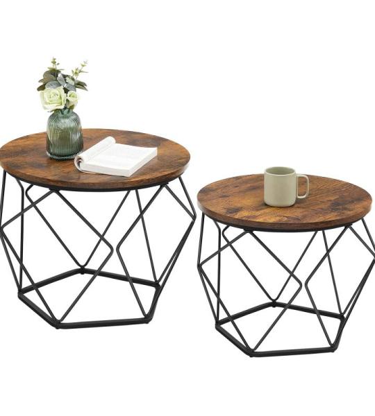 Salontafel rond, set van 2, woonkamertafel, bijzettafel, vintage flair, afneembaar tafelblad, voor woonkamer, vintage bruin-inktzwart LCT041K01