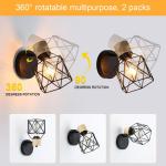 Set van 2 industriële wandlampen, vintage, kooi, van metaal, wandlamp, binnen, zwart, verstelbaar, wandlamp, hout, E27, voor slaapkamer, hal, woonkamer