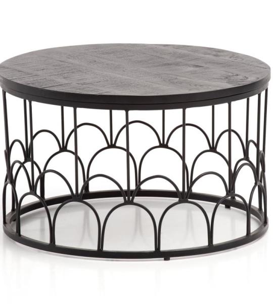 FineBuy Salontafel, 60 x 60 x 36 cm, massief mango, massief hout/metaal, zwart, rond, design woonkamertafel, industrieel, koffietafel, woonkamer, massief met metalen frame