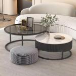 Moderne ronde houten salontafel set van 2 met reliëfontwerp, ideaal voor woonkamer, balkon of kantoor, eenvoudige montage, stijlvol metalen frame, zwart