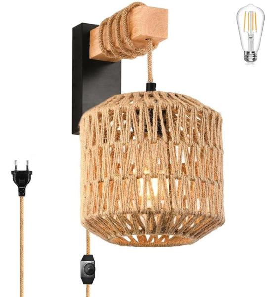 E27 Wandlamp met schakelaar, dimbaar, vintage, rotan lampenkap, retro bedlamp, rustiek touw, wandbevestiging, leeslamp met 4,5 m kabel voor slaapkamer, woonkamer, hal