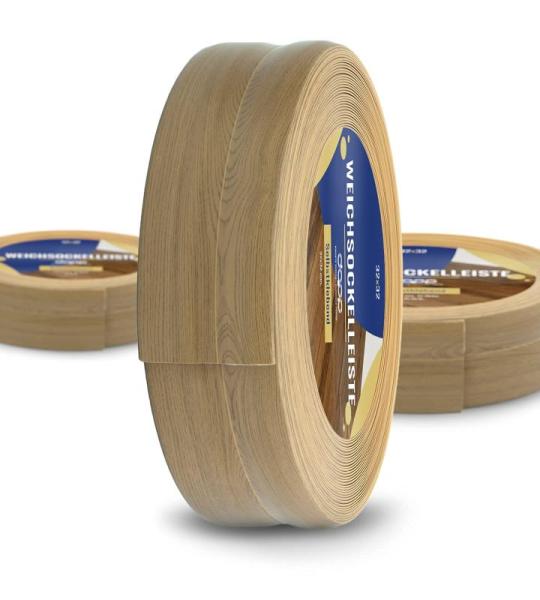 DQ-PP Zachte plint, 25 m, teakhout, 32 x 23 mm, pvc, zelfklevend, knikhoek plint, hoekprofiel, aansluitprofiel, vloerlijst, rubberen plint