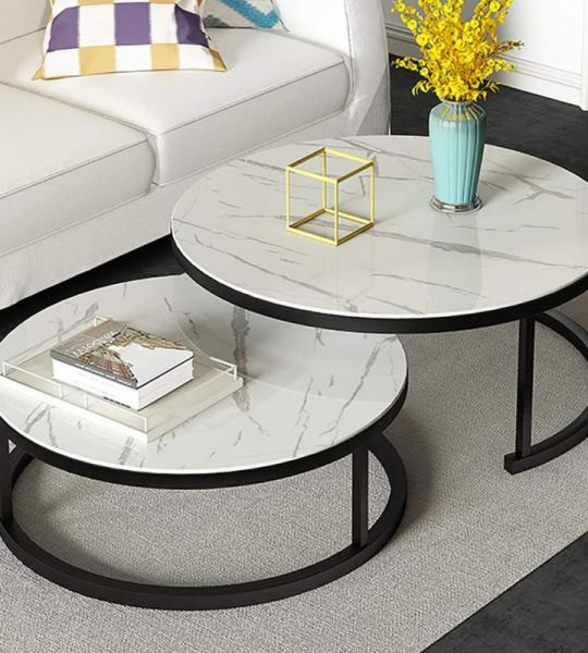 Marmeren Textuur Stapelbare Salontafels Set van 2 voor Woonkamer Elegante Ronde Nest Bijzettafels met Metalen Frames voor Stapelen en Nesten, Moderne Eindtafels Meubels