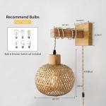 Vintage Dimbare Wandlamp met Stekker, Vintage Nachtlamp Rotan Bamboe Lampenkap, Wand Leeslamp, Rustieke Touw Wandlamp, 450cm Kabel E27 voor Slaapkamer Woonkamer Hal Cafés