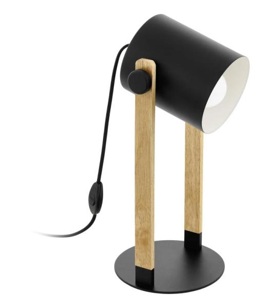 Hornwood tafellamp, vintage nachtlampje in industrieel ontwerp, retro bureaulamp van staal en hout, kleur zwart, crème, bruin, FSC-gecertificeerd, E27 fitting, incl. schakelaar
