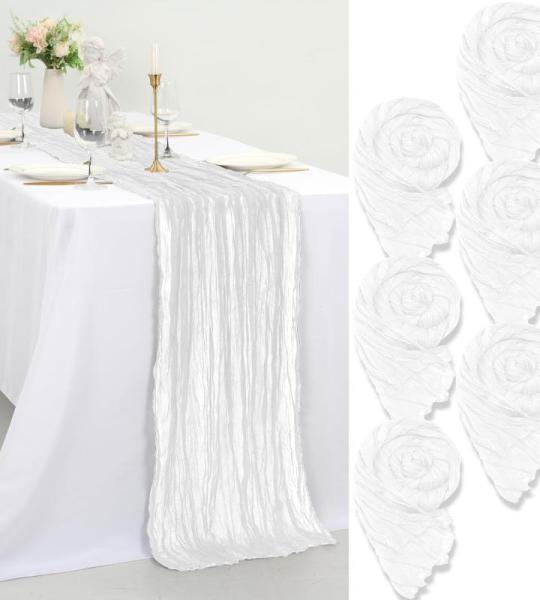 Tafelloper, 6 stuks, wit, 55 x 300 cm, rustieke gaas, boho-tafelloper, kaasdoek, Cheesecloth, bruiloft, tafelkleed voor bruiloftsfeest, bruidsfeest, tafeldecoratie