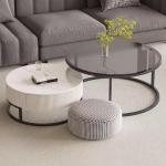 Moderne nestelen salontafels set van 2 met houten cirkel reliëf ontwerp ideaal voor woonkamer, balkon of kantoor, metalen frame, eenvoudige montage, Bianco Large
