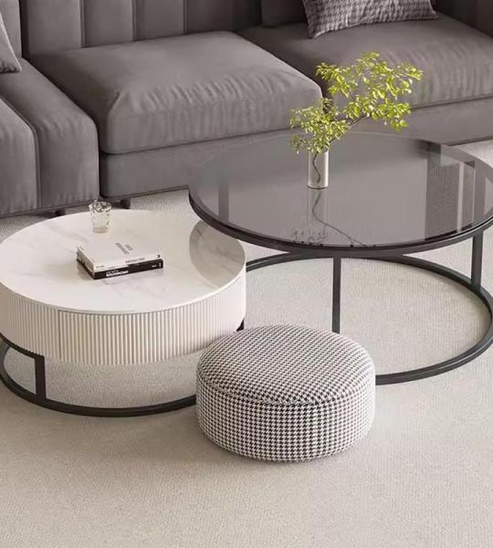 Moderne nestelen salontafels set van 2 met houten cirkel reliëf ontwerp ideaal voor woonkamer, balkon of kantoor, metalen frame, eenvoudige montage, Bianco Large